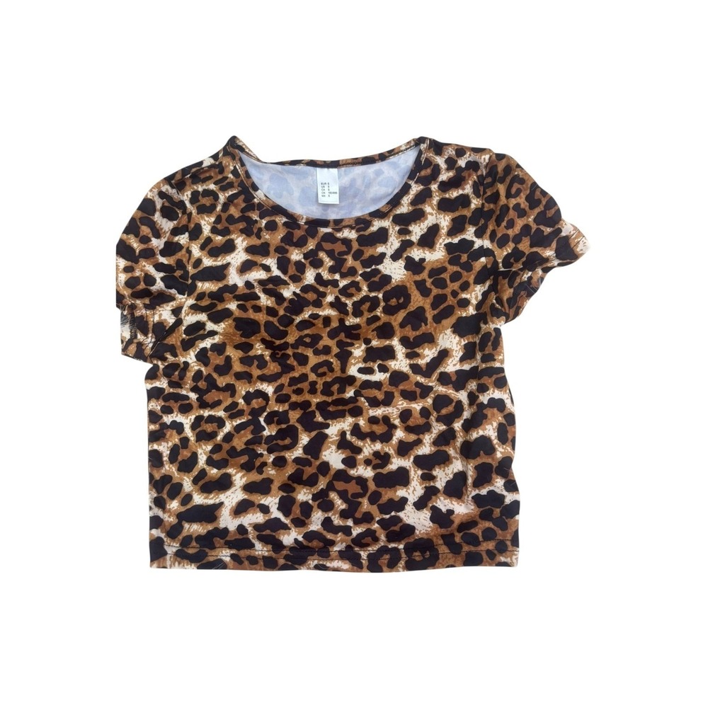 Leopard‎ Print Crop Top Short Sleeve Crew Neck Animal Print Tee Brown Small
